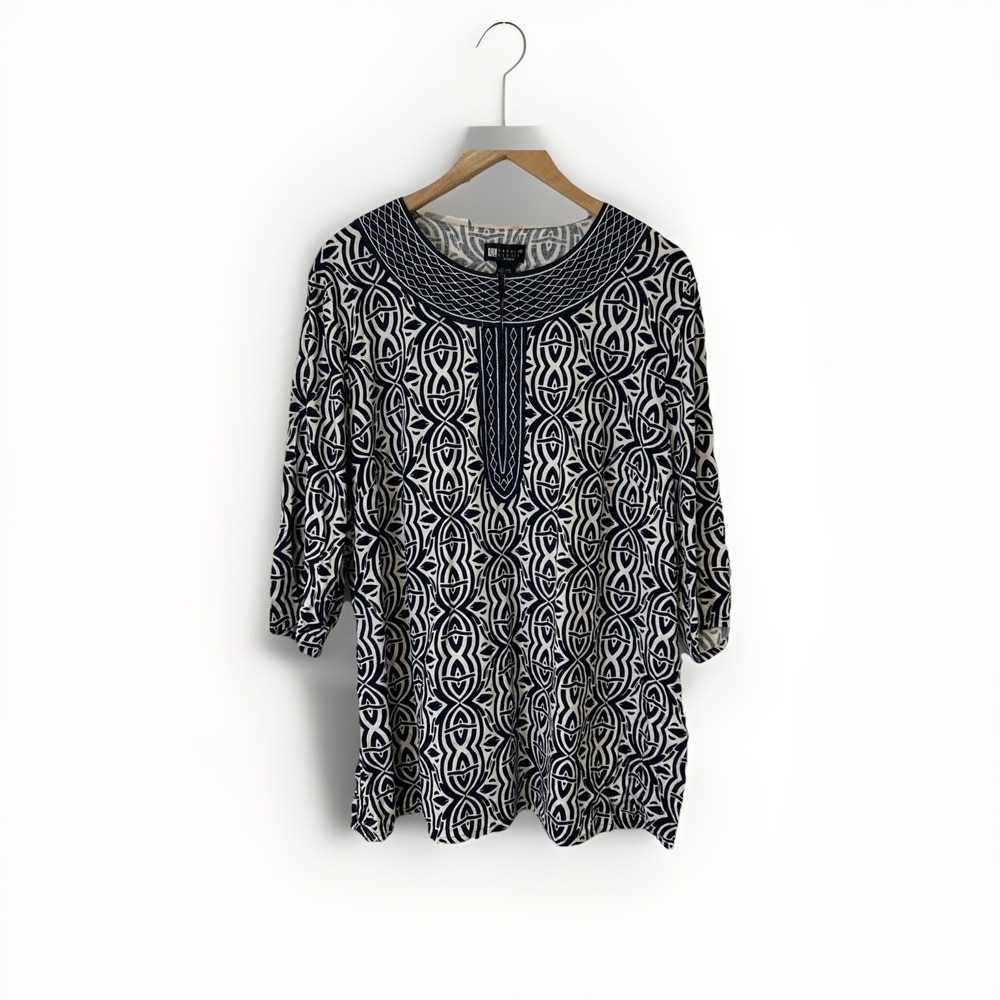Carole Little Womens Tunic Top 2X Linen Blend Black White Embroidered V Neck Vtg